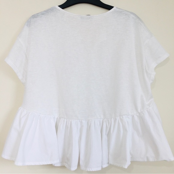 Mango Y2K Boho Oversize White Peplum Ruffle Hem Cropped Short Sleeve Preppy Top - Picture 2 of 16